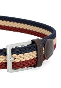 Splotowany pasek w kolorze granatowym, beżowym i bordowym, z metalową klamrą i skórzanym akcentem z logo. Teksturowany design z elastycznego materiału.
