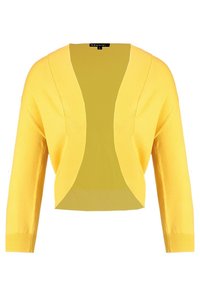 Geel cropped vest met lange mouwen, gemaakt van zachte stof. Heeft een diepe V-halslijn en geen knopen, waardoor het een open voorkant heeft.