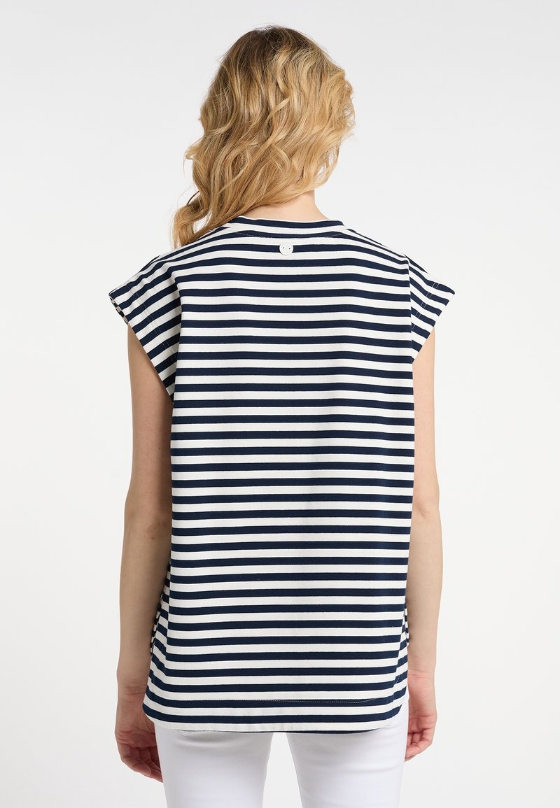 Camisa de manga corta de rayas en azul marino y blanco con escote redondo, que presenta un detalle de botones en la parte trasera y un corte relajado.