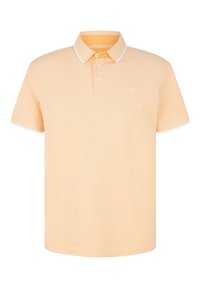 Kortärmad polo i ljus orange tyg. Har en randig krage, tre knappar och en logotyp på vänster bröst.