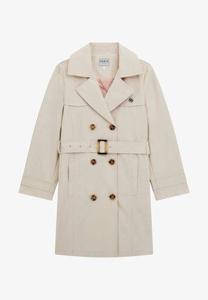 Bežna trench coat z dvojnim zapenjanjem, velikim ovratnikom in pasom. Ima velike rjave gumbe in subtilen logotip.