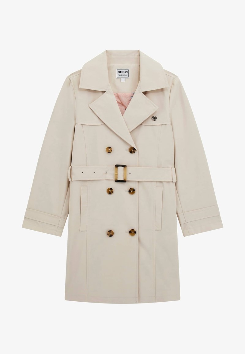 Beige Trenchcoat mit doppelt geknöpftem Front, großem Kragen und einem Gürtel. Verfügt über große braune Knöpfe und ein dezentes Logodetail.