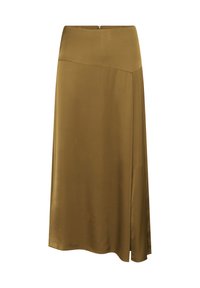 Jupe en satin vert olive avec une texture lisse, de forme A-line, et une fente sur le côté ; elle présente une taille ajustée et une fermeture éclair discrète à l'arrière.