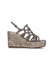 Sandalo wedge grigio con piattaforma in juta intrecciata, design con ritagli e decorazioni. Cinghia alla caviglia regolabile per una vestibilità sicura.