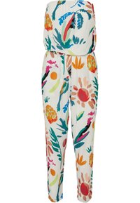 Combinaison blanche sans bretelles avec des motifs floraux tropicaux colorés et des oiseaux, avec des jambes amples et une taille cintrée.
