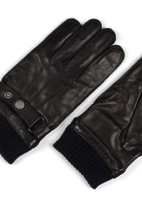 Guantes de cuero negro con puños de punto negro acanalado. Presenta una correa con una hebilla de metal y detalles cosidos en los dedos.