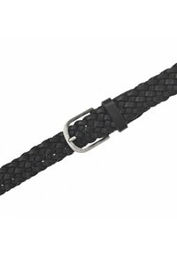 Cinturón de cuero negro trenzado con hebilla metálica plateada y textura suave. Presenta una hebilla rectangular con un diseño clásico.