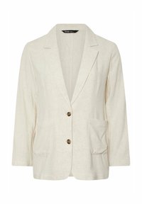 Ljusbeige linneblazer med slagkrage, två framfickor och knappstängning med en knapp. Avslappnad passform med trekvartslånga ärmar.