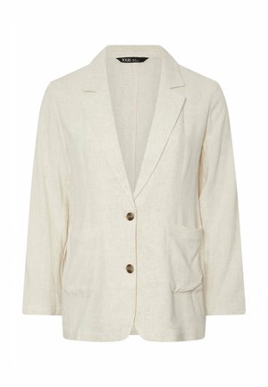Hellbeige Leinenblazer mit Reverskragen, zwei Vordertaschen und einem Knopfverschluss. Lässiger Schnitt mit Dreiviertelärmeln.