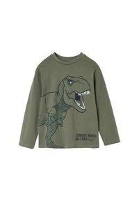 Langärmliges olivgrünes Baumwollhemd mit einem großen schwarzen T. rex-Grafik und dem Text "Jurassic World" nahe dem unteren Ende.