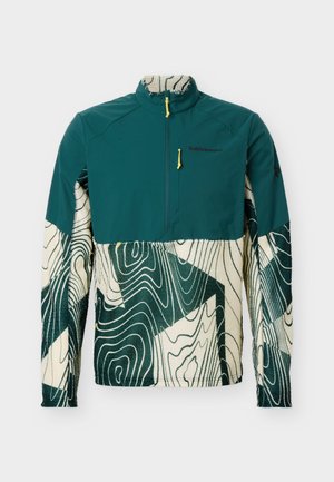 Grüner und cremefarbener Pullover mit topografischem Kartenmuster, halber Reißverschluss mit gelben Zuglaschen und hohem Kragen, beschriftet mit "Peak Performance".