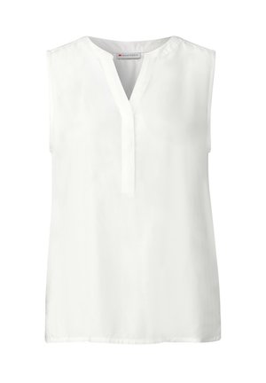 Biała bezrękawnik z gładkiego materiału, wyróżniający się dekoltem w kształcie litery V i minimalistycznym wzornictwem. Brak widocznych wzorów lub akcentów.