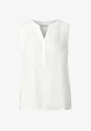 Weiße ärmellose Bluse aus glattem Stoff mit V-Ausschnitt und minimalistischen Design. Keine sichtbaren Muster oder Akzente.