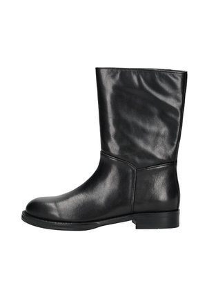 Schwarzer knöchelhoher Lederstiefel mit abgerundeter Spitze, leichtem Absatz und glatter Oberfläche, seitlich auf weißem Hintergrund gezeigt.