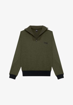 Groene trui met halve ritskraag, geribbelde manchetten en een donkergeribbelde zoom. Heeft een gestructureerde stof en een klein logo op de borst.