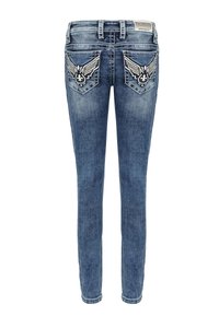 Schmale Jeans aus mittelblauem Denim. Mit gestickten Flügelmotiven auf den hinteren Taschen. Ausgefranster Saum an den Knöcheln. Klassischer Fünf-Taschen-Stil.