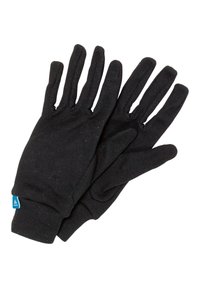 Schwarze gestrickte Handschuhe mit fünf Fingern, die eine gerippte Textur aufweisen und ein blaues Etikett am Bund haben. Einfaches, funktionales Design für Wärme.