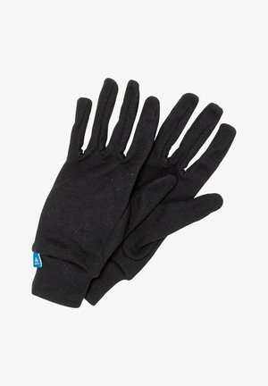 Guanti neri lavorati a maglia con cinque dita, caratterizzati da una texture a coste e un'etichetta blu sul polsino. Design semplice e funzionale per il calore.