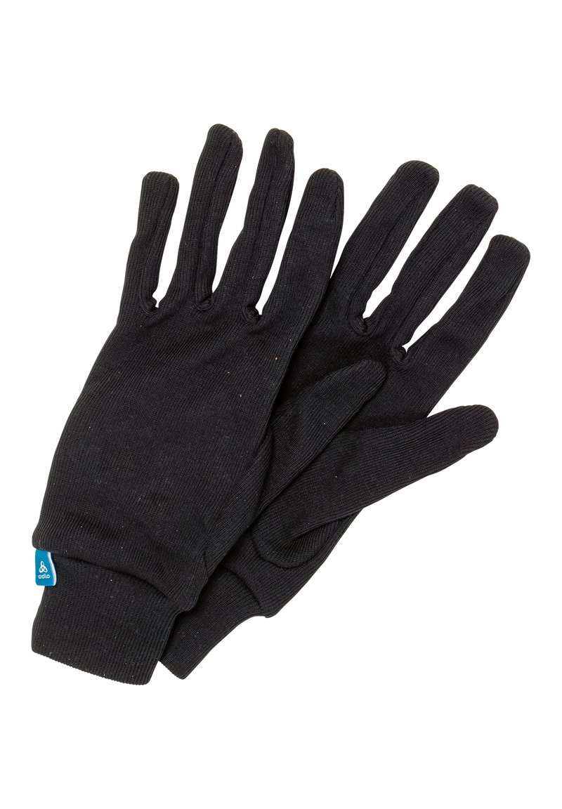 Schwarze gestrickte Handschuhe mit fünf Fingern, die eine gerippte Textur aufweisen und ein blaues Etikett am Bund haben. Einfaches, funktionales Design für Wärme.