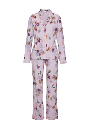 Ljubičasti cvjetni kompletić pidžame s košuljom na dugme i dugim hlačama, s višebojnim uzorcima cvijeća i mekim, glatkim tekstilom.