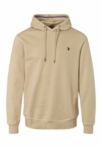 Beige kapucnis pulóver puha anyagból, kenguruzsebbel, húzózsinórral és egy kis fekete logóval a mellkasán.