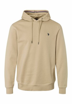 Bežs kapucēts džemperis, kas izgatavots no mīksta auduma, ar kenguru kabatu, auklām un mazu melnu logotipu uz krūts.