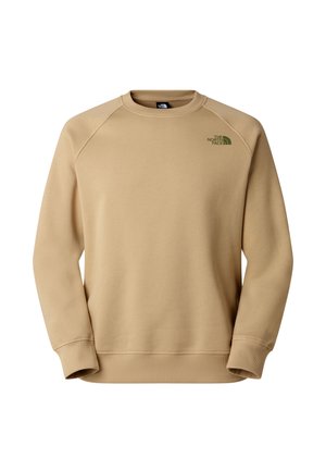 Sudadera beige con cuello redondo y mangas largas, con el logo de The North Face en verde en el lado izquierdo del pecho.