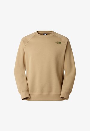 Beige crewneck sweatshirt with long sleeves and The North Face logo in green on the upper left chest.