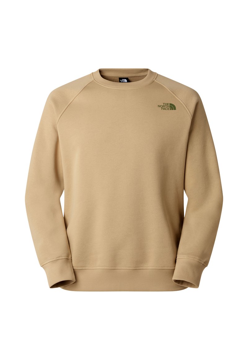 Beige crewneck sweatshirt with long sleeves and The North Face logo in green on the upper left chest.