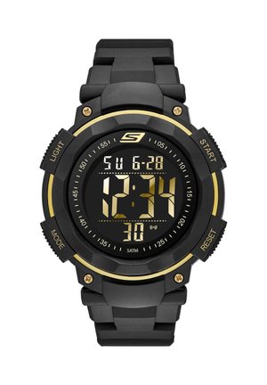 Reloj deportivo digital negro con detalles en dorado, que muestra la hora 12:34, fecha domingo 28-6, y botones etiquetados como Luz, Modo, Inicio, Restablecer.
