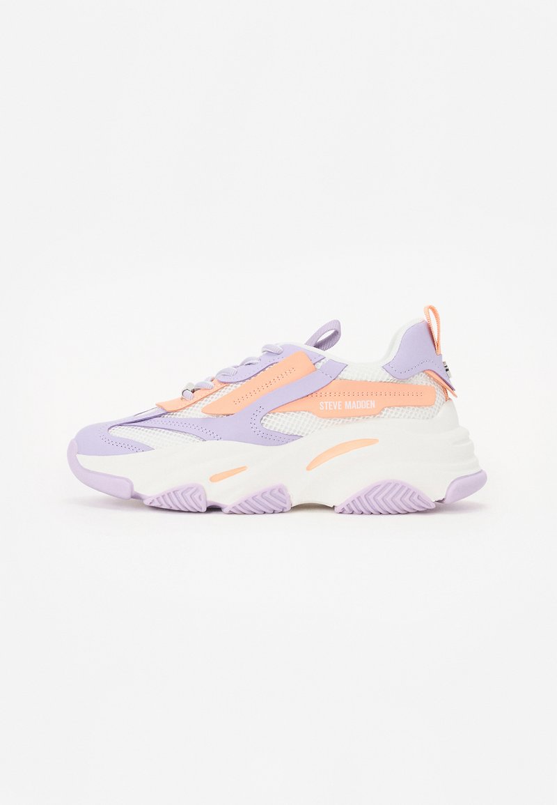 Chunky sneakers with a lilac and white mesh upper, orange accents, textured sole, and a pull tab at the heel for easy wear.