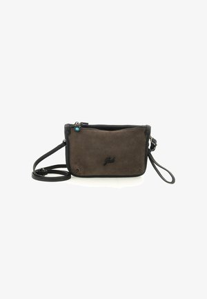 Borsa a tracolla in suede marrone con bordi neri, chiusura con zip, tracolla regolabile, anello per polso e una piccola linguetta blu per la zip.