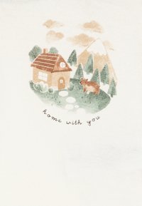 Graphic illustration of a brown-roofed house, green trees, a wolf, and mountains. Text below reads "home with you." Soft color palette.