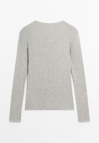 Light grey ribbed long-sleeve shirt laid flat, showing back side with a round neckline and fitted silhouette.