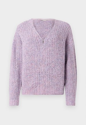Light purple knitted cardigan with a V-neck and zipper. Features textured fabric with subtle patterns and ribbed cuffs and hem.