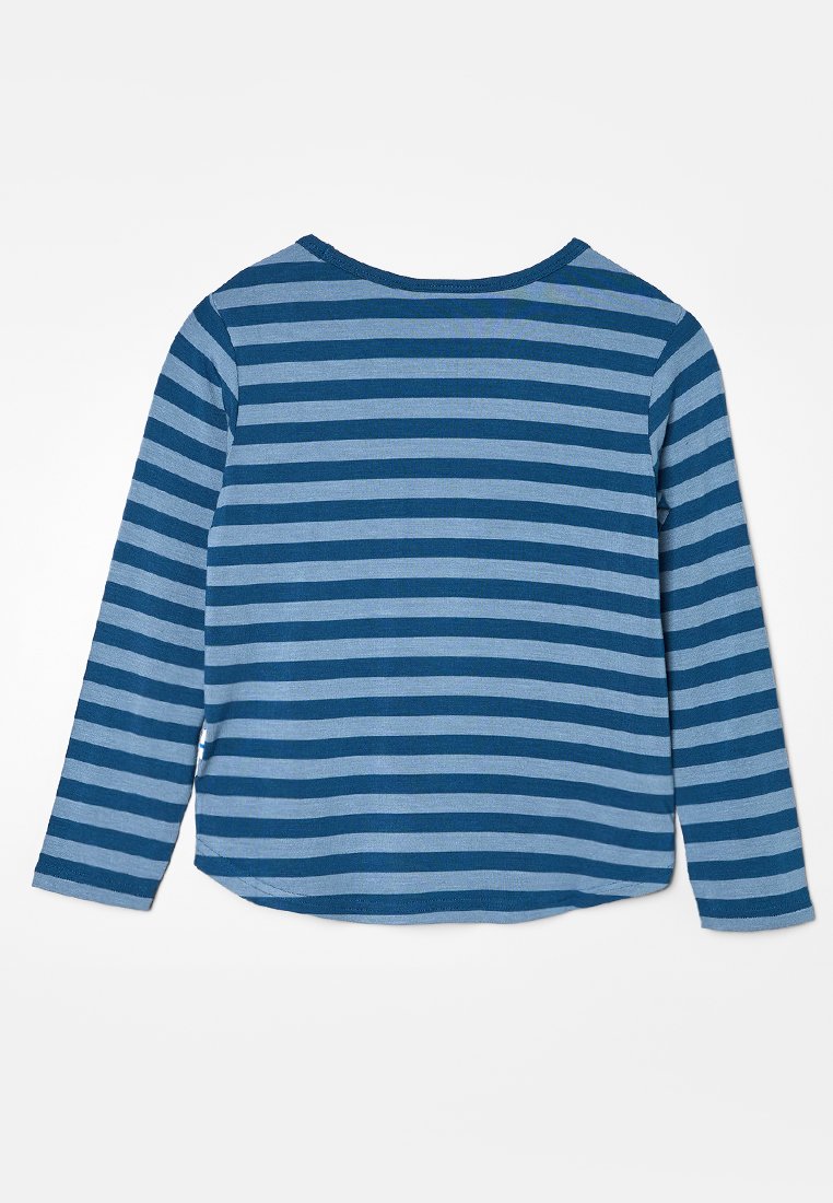 Langarmshirt mit blauen und hellblauen horizontalen Streifen, rundem Ausschnitt und weichem Stoff mit glatter Textur.
