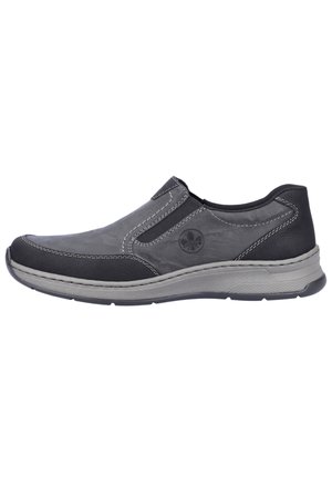 Slip-on shoes made of black and gray leather. Features contrasting stitching, a cushioned sole, and a subtle logo on the side.