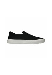 Zwarte nubuck instapschoenen met een witte rubberen zool, voorzien van een eenvoudig, gestroomlijnd ontwerp zonder zichtbare sluitingen of versieringen.
