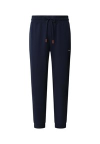 Marineblauwe sweatpants gemaakt van zachte stof, met een trekkoord in de taille en oranje accenten, en geribbelde boorden bij de enkels.