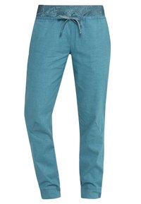 Lichtblauwe casual broek met taps toelopende pijpen, elastische boorden, een geborduurde elastische tailleband en een verstelbare koordsluiting aan de voorkant.