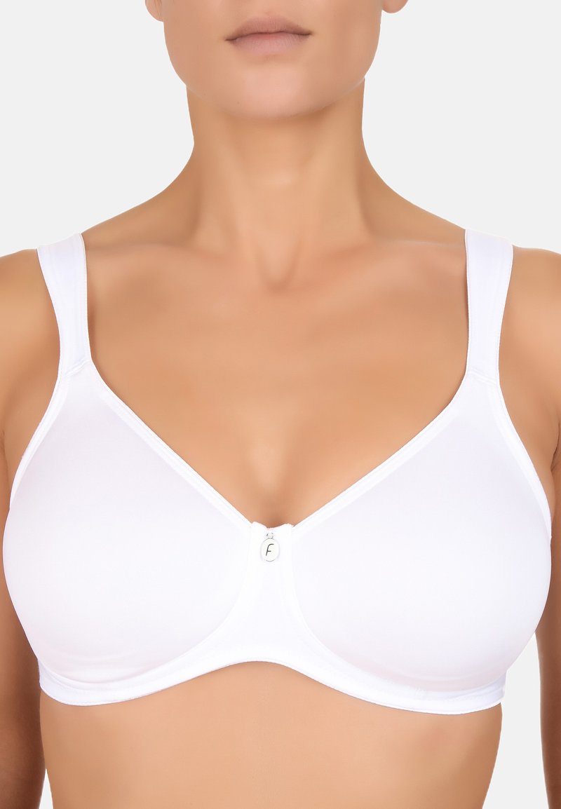 Reggiseno bianco in cotone con coppe lisce, spalline regolabili e chiusura frontale con un piccolo dettaglio in metallo argento.