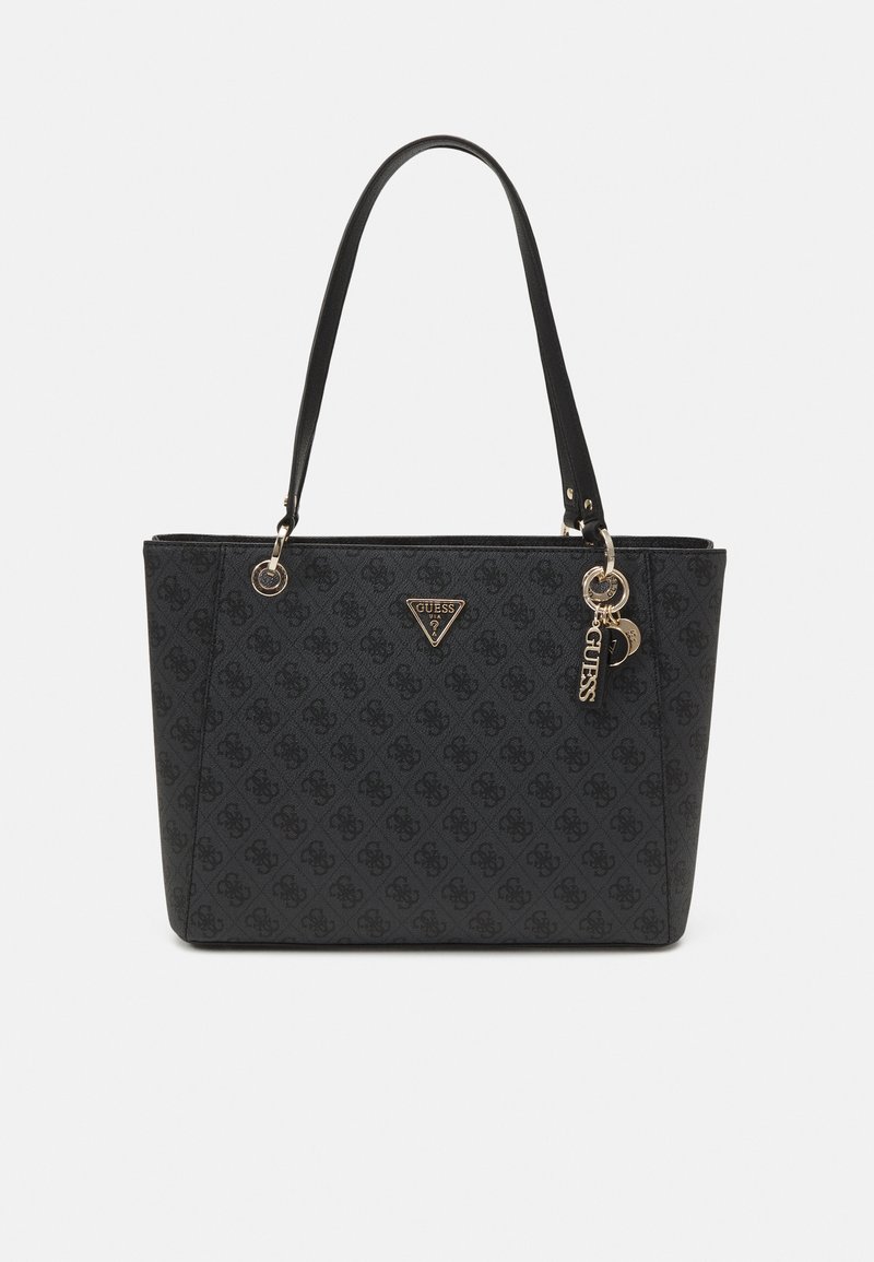 Geantă tote neagră cu model embosat; prezintă accesorii de culoare aurie, etichetă cu logo și două mânere. Formă rectangulară cu design structurat.