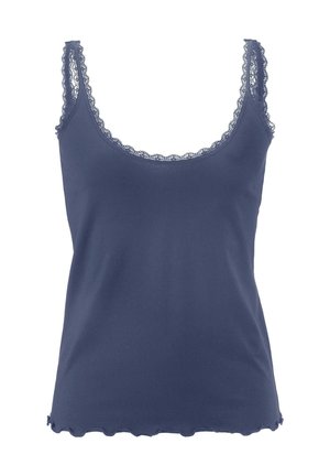 Navyblauwe mouwloze tanktop met kanten afwerking op de schouders en halslijn, en een subtiele geplooide zoom.