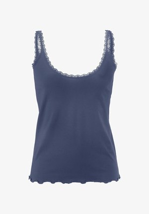 Marineblaue ärmellose Tanktop mit Spitzenbesatz an den Trägern und am Ausschnitt sowie einem dezenten Rüschensaum.