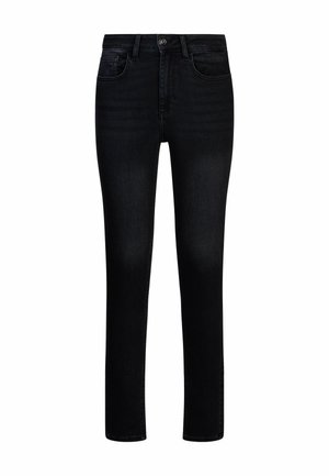 Jean noir slim avec cinq poches, fermeture par bouton et légère décoloration sur les cuisses et les genoux.