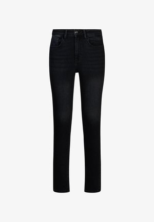 Čierne úzke džínsy s piatimi vreckami, zapínaním na gombíky a jemným vyblednutím na stehnách a kolenách.