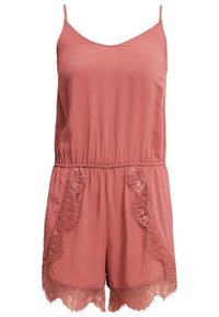 Rompers rose clair avec des bretelles fines, une taille élastique et des accents en dentelle le long des côtés et de l'ourlet. Fabriqué dans un tissu lisse et léger.