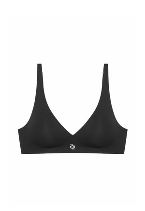 Soutien-gorge sans fil noir avec une texture lisse et mate, doté de larges bretelles, d'un décolleté en V profond et d'un petit logo au centre sous les bonnets.