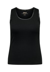 Zwarte mouwloze ribbel tanktop met een ronde halslijn en subtiele glanzende afwerking langs de armsgaten en de kraag, maat medium.