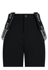 Schwarze Hose mit befestigten verstellbaren schwarzen und grauen Hosenträgern mit weißen PRO-Buchstaben und Logos.
